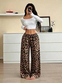 Women's Leopard Print Wide Leg Pajama Pants, Elastic Waist, Loose Drape Home Pants, Casual Wear For Outings, Holiday Gift Choice - Brown - View 4