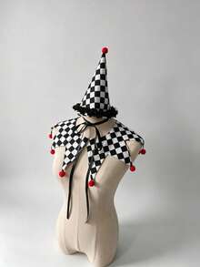 1set Black White Check Clown Hat And Star Shape False Collar Set With Red Pom Poms Halloween Circus Cosplay Costume Accessory For Carnival Theme Party - A - View 10
