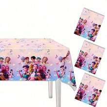 Hasbro 1pc K-POP Demon Hunter Girl Group Disposable Tablecloth Set With Colorful Musical Notes And Stars In A Dreamy Gradient Party Style. This Cartoon-Themed Popular Singing Idol Print Plastic Tablecloth Is Waterproof And Oil-Proof, Perfect For Girls' Birthday Parties, Family Gatherings, Holiday Celebrations, And Themed Decorations. Thickened, Durable, And Easy To Clean, Simply Discard After The Party Without Washing. Comes With Matching Printed Tissues For A Truly Immersive Atmosphere. - Random - View 2