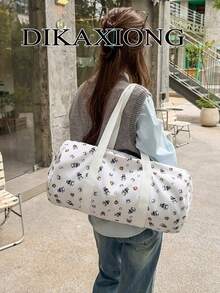 Cute White Allover Cartoon Bear Print Cylindrical Duffle Bag, Large Portable Shoulder Weekender Bag For Gym Sports Short Overnight Travel - Multicolor - View 3