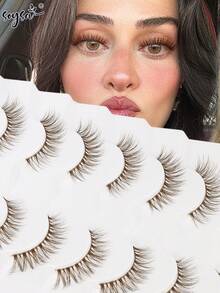 7 Pairs 3D Fluffy Brown Cat Eye Lashes Clear Band Wispy Eyelashes Natural Fake Eyelashes Soft Strip Lashes Lightweight False Eyelash - Brown - View 2