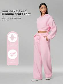MFVIM 女款秋冬新款短版拉鍊連帽外套 + 運動長褲 2件組 百搭運動休閒套裝 - 淺粉色 - 查看 2
