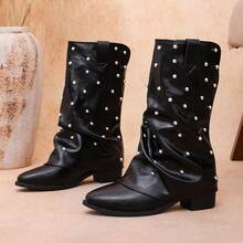 Women's Fashion Pointed Toe Low Heel Rivet Western Style Holiday Pleated Boots - Black - View 4