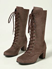 Sepatu Bot Hak Tebal Bertali Lintas Batas untuk Wanita - Coffee Brown - View 3