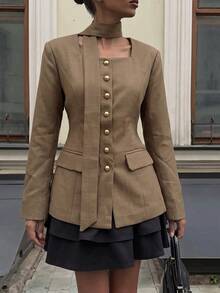 Old Money Vintage Button-Front Slim Fit Blazer, Elegant Square Neck Scarf Decor Long Sleeve Shirt, Suitable For Formal Business Occasions And Parties - Khaki - View 6
