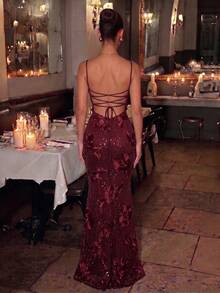 Shiny Floral Embroidered Elegant Sexy Party 3D Flower Backless Evening Date Anniversary Graduation Party Formal Dinner Dress - Burgundy - View 4