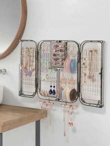 1pc Multifunctional Wall-Mounted Jewelry Organizer - Large Double-Sided Jewelry Holder, Can Be Hung On Wardrobe, Wall Or Door, For Necklaces, Earrings, Rings And Other Accessories Storage - Grey - View 1