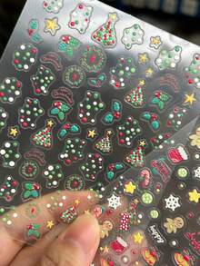 2pcs Red Green Polka-Dot Christmas Nail Art Stickers Cute Gingerbread Man, Christmas Stocking, String Lights, Snowflake Christmas Nail Decals Relief-Style Manicure Decorations - Multicolor - View 2