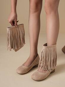 Women's Ankle Boots & Ankle Boots <Removable Hidden Heel Two-Way Wear Tassel Western Style Women's Ankle Boots> - Apricot - View 4