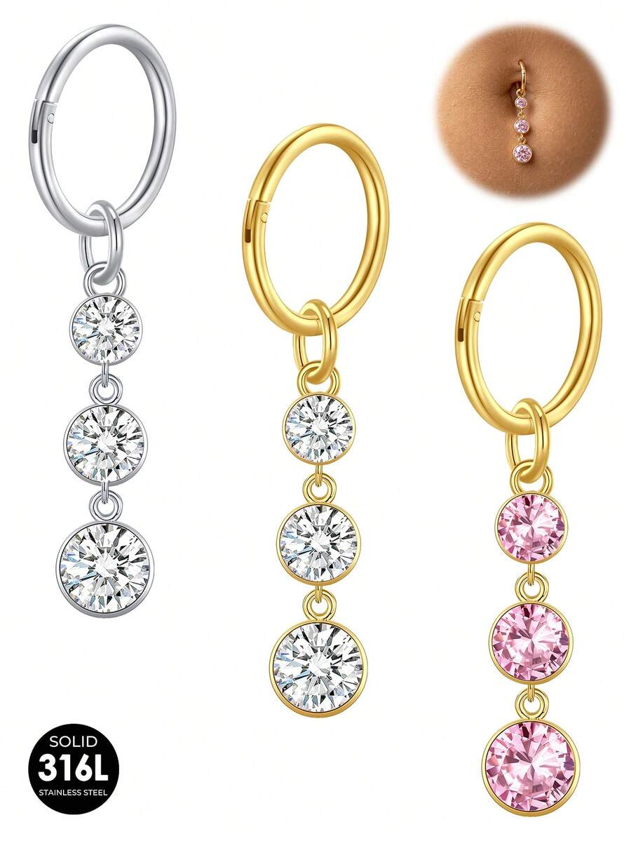 CIZME 1pc Belly Button Rings 14G Gold Plated Clicker Belly Rings For Women,Dangle Cubic Zirconia Navel Piercing Stainless Steel Belly Piercing Jewelry - Multicolor - View 1