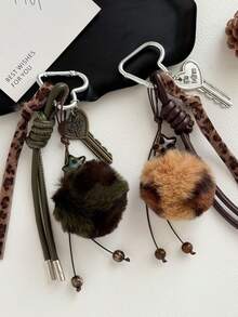 1pc Autumn/Winter Vintage Star Brown & Green Bag Charm, Leopard Print Woven Strap Retro Key Pendant Bag Accessory - Multicolor - View 1