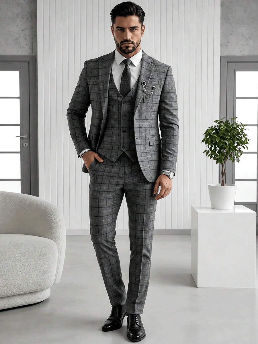 Spring Autumn Men's Formal Suit Vest Trousers Jacket Set Casual Fashion Design Daily Wear 3 Pieces Suit - Dark Grey - View 1