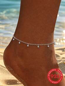 1pc S925 Sterling Silver Minimalist Cool Round Bead Pendant Anklet, Light Luxury Elegant Niche Ins Style Versatile Brightening Fresh Foot Jewelry, Women's Daily Party Beach Holiday Wear Atmosphere Foot Chain Gift - Beads - View 12