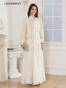 2pcs Gaun Maxi Chiffon Elegan Wanita Motif Bunga dengan Payet dan Manik-manik, Dilengkapi Blazer - Krem - View 1