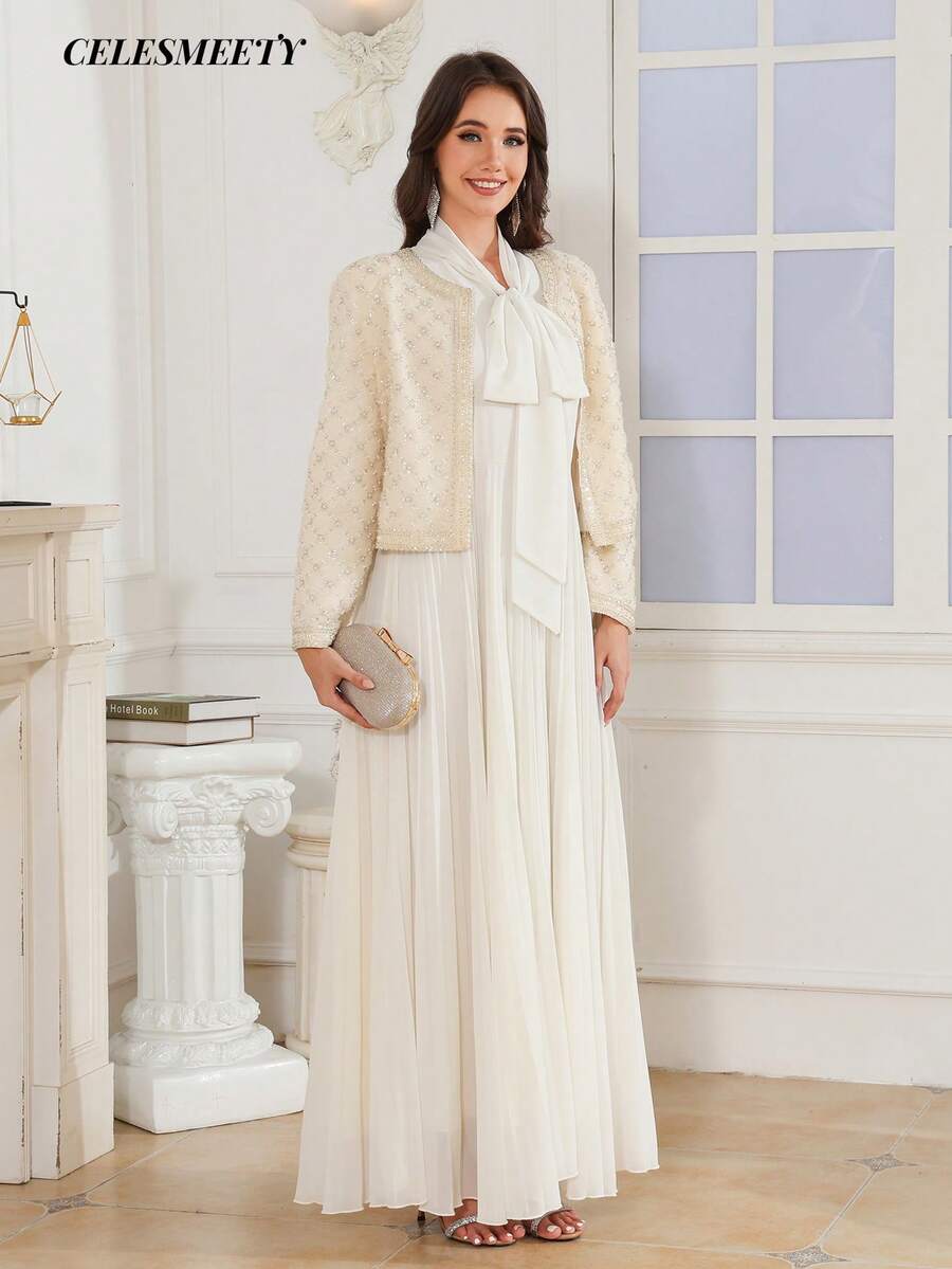 2pcs Gaun Maxi Chiffon Elegan Wanita Motif Bunga dengan Payet dan Manik-manik, Dilengkapi Blazer - Krem - View 1