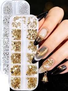 12-Grid Gold & Silver Pearl Nail Art Decor, Mixed Size Faux Pearl Half-Sphere Flat Back Nail Decorations, DIY Handmade Y2K Christmas Nail Accessories - Multicolor - View 2