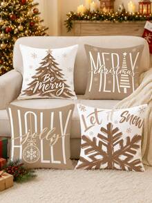 Christmas Minimalist Light Brown Christmas Tree & Snowflake Pattern Cushion Cover 4pcs Set, Single-Sided Printed Peach Skin Velvet Polyester Material, 45*45CM Pillowcase For Modern Fabric Sofa Indoor Decor, Party Decoration, Gift Giving - Multicolor - View 4