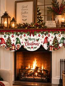 Christmas Fireplace Mantel Scarf, 2026,Red Green Buffalo Plaid Polyester Scalloped Valance With Merry Christmas Lettering Tree Lantern Gift Pine Garland Print, Rustic Holiday Fireplace Decor For Living Room - Multicolor - View 6