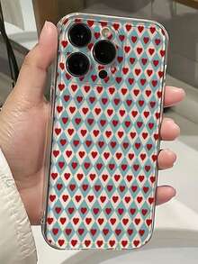 A Blue Diamond Grid Full Red Heart Transparent Phone Case With A Fresh Checkerboard Pattern Heart-Shaped Design Suitable Compatible With Apple 17 Promax/11/12/13/14 Plus/15/16 Pro - Multicolor - View 3