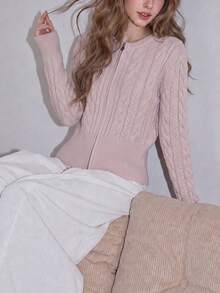 Women's New Casual Cable Knit Slim Fit Cardigan Sweater, Full Zip Front, Short Length Round Neck Long Sleeve, Suitable For Autumn/Winter Layering - Ash Powder - View 3