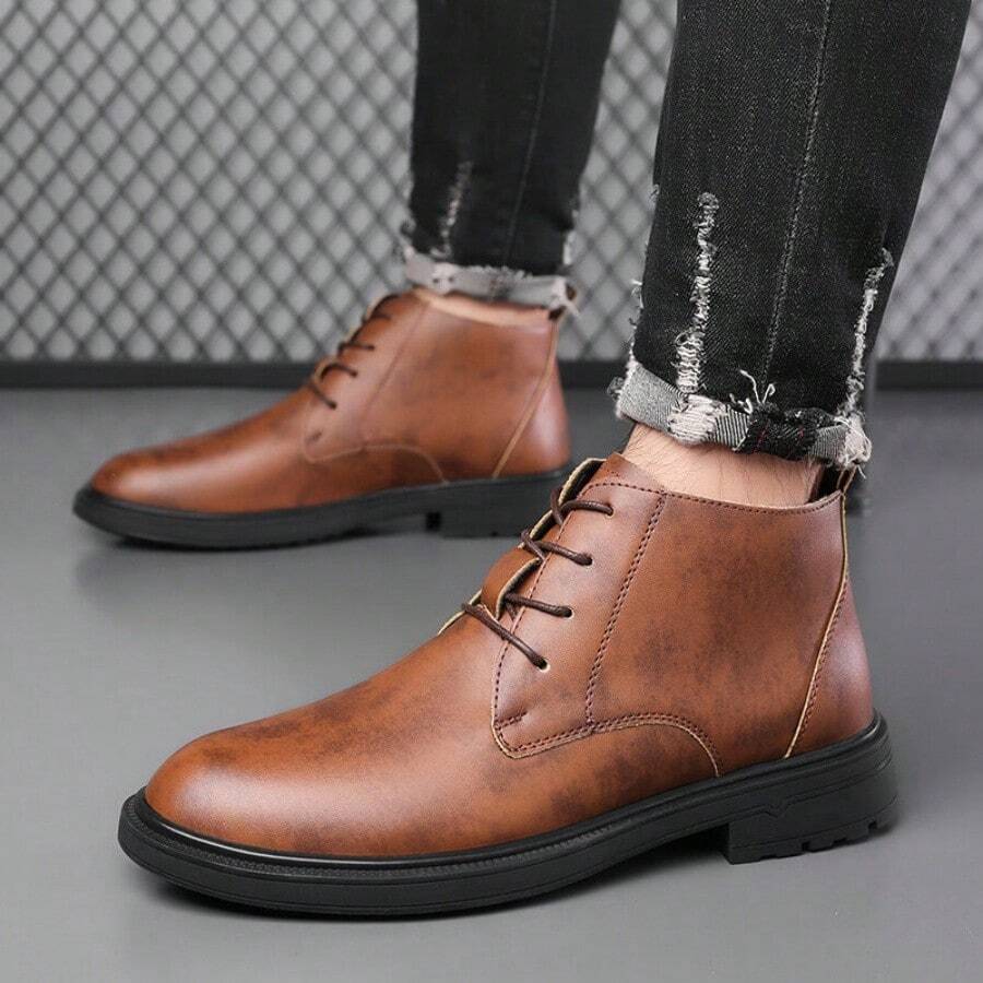 Bốt cổ ngắn nam buộc dây cổ cao, mũi tròn, da nhân tạo, đế dày, size lớn đến 48, phong cách cổ điển casual - màu nâu - Xem 1