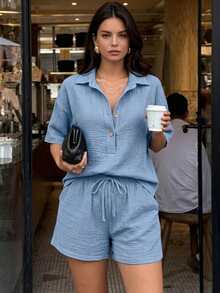 Set 2 Potong Wanita Atasan Lengan Pendek Kerah Kancing Setengah Elegan Kasual Musim Gugur + Celana Pendek Tali Serut, Campuran Linen Potongan Longgar untuk Liburan Akhir Pekan dan Streetwear - Biru Langit - View 1