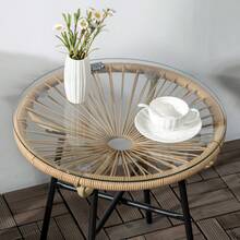 Boho-Style Garden Table, Outdoor Side Table, Made Of Polyethylene Rattan, Tempered Glass, Weather-Resistant, 50 X 50 X 50, Black. - Beige + Rattan - View 6