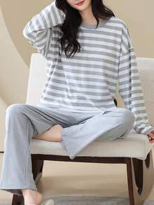Women's Casual Classic Black & White Striped Print Knit Crew Neck Long Sleeve Pants Pajama Set - Light Grey - View 4