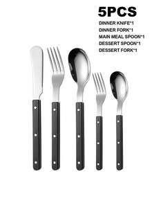 5pcs Stainless Steel Riveted Handle Knife Fork Spoon Dessert Spoon Fork Set Steak Knife Fork Heat-Resistant Handle Tableware Butter Knife - Silver - View 8