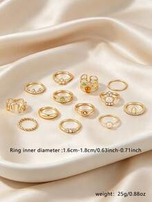 13pcs Personalized Rhinestone & Faux Gemstone Ring Set, Fashionable Accessory For Women To Wear At Parties, Gatherings, Music Festivals - Yellow Gold - View 2