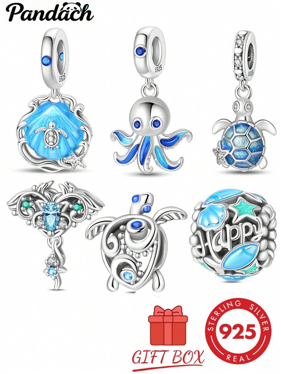 1pc S925 Sterling Silver Ocean Theme DIY Pendant Bead, Sea Turtle, Octopus, Shell, Starfish Multiple Styles, Transparent Blue Enamel With Colorful Zirconia Inlay, Comes With Gift Box, Suitable For Bracelet And Necklace Assembly, Fresh Summer Beach Style Versatile Silver Jewelry Accessory - Multicolor - View 1
