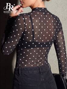 BADDIE REALM Women's Slim Fit Long Sleeve Polka Dot Mesh Top, Elastic Daily Basic Style - Black - View 7