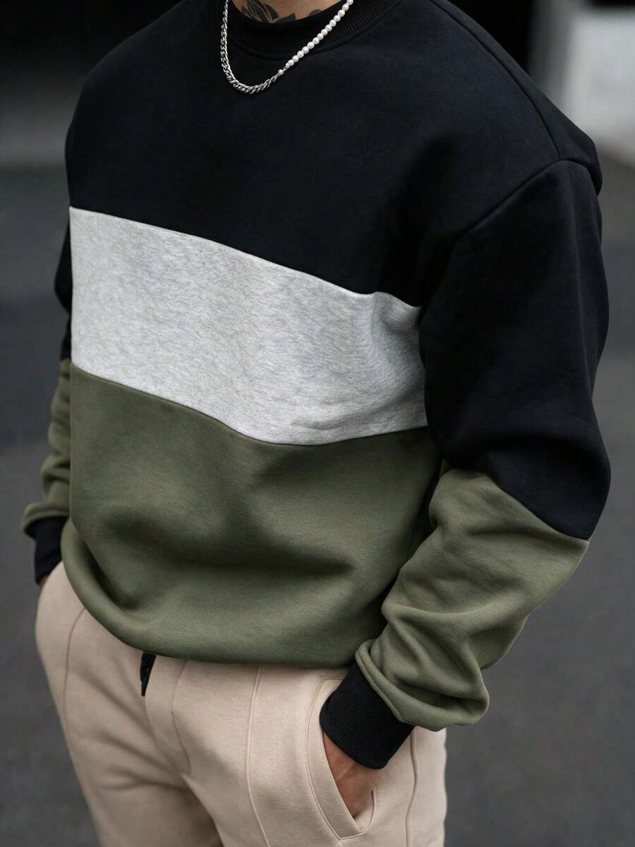 Men's Spring/Autumn Colorblock Pullover Sweatshirt, Regular Crew Neck Fit, Suitable For Daily Wear - Black - View 1