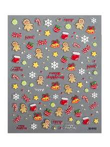 2pcs Red Green Polka-Dot Christmas Nail Art Stickers Cute Gingerbread Man, Christmas Stocking, String Lights, Snowflake Christmas Nail Decals Relief-Style Manicure Decorations - Multicolor - View 4