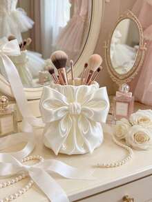 1pc Multifunctional Bedroom Desktop Storage Organizer, Satin Bow Cosmetic Storage Box, Can Be Used As Jewelry Box, Perfume Box, Nail And Hair Tool Storage Box, Vanity Organizer - Multicolor - View 1