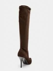 新款尖頭高跟長靴 復古風寬筒及膝細高跟騎馬靴 - 棕色 - 查看 8