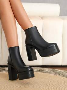 1 Pasang Sepatu Bot Ankle Platform Sol Tebal dengan Resleting Samping Seksi Warna Polos, Tahan Air, Sol Tebal, Cocok untuk Aktivitas Luar Ruangan Musim Gugur dan Musim Dingin - Hitam - View 2