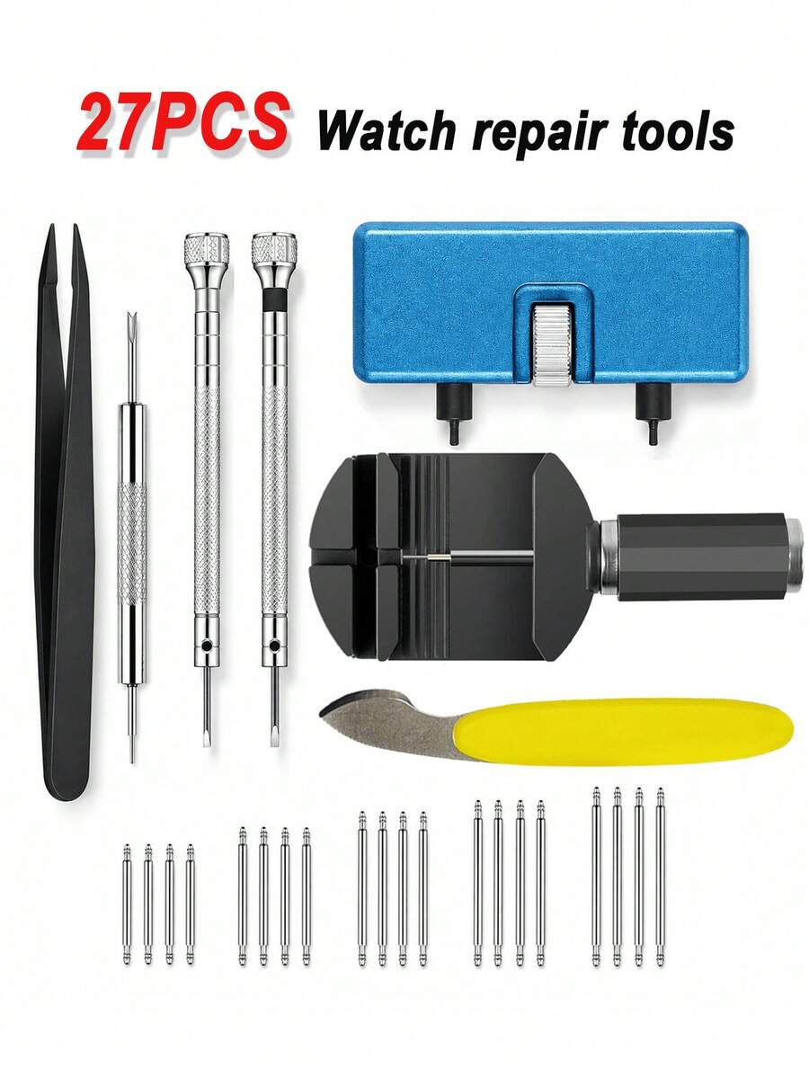 27pcs Professional Watch Repair Tool Set, Watch Repair Tool Kit, Watch Band Repair Tools, Watch Case Opener, Watch Hand Remover, Replacement Spring Bar Set, Watch Band Adjustment Repair Tools, Suitable For Watch Battery Replacement, Watch Band Size Adjustment, Watch Case Opening, Watch Spring Bar Replacement, Practical And Portable Watch Repair Tool Set, Perfect Gift For Watchmakers And DIY Enthusiasts, Durable Watch Repair Set, Ideal Choice For Personal And Professional Watch Daily Maintenance
