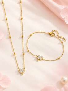 2pcs Kids Jewelry Set Gold Rhinestone Four-Leaf Clover Necklace & Bracelet Shiny Pendant Chain Birthday Party Back To School Outfit Gift For Girls Boys - Gold - View 2