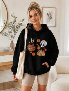 1 Pieza Sudadera con capucha negra para mujer diseño gráfico Día de Muertos y pan de muerto estilo casual aesthetic cálida y cómoda para festival de otoño - A - Ver 3