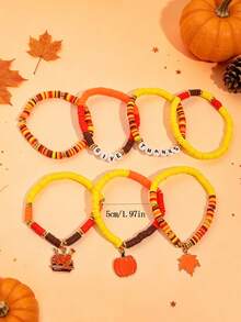 7pcs/Set Thanksgiving Turkey Pumpkin Maple Leaf Zinc Alloy Pendant Soft Clay Letter Beads Children Bracelet Set Autumn Thanksgiving Girls Gift - Multicolor - View 3