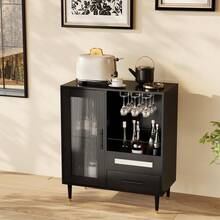 Modern Wine Bar Cabinet With Tempered Glass Door – Freestanding Buffet Sideboard With Integrated Wine Glass Rack, Drawers, Adjustable Shelves – Compact Storage For Home, Kitchen, Dining, Living Room - Black - View 2