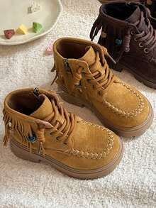 Tassel Beaded Decor Children's Ankle Boots Autumn Thick Sole Comfortable Toddler Lace-Up Side Zipper Boots - Camel - View 5