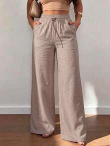 Unadoll Women's Autumn Blush Apricot Drawstring Wide Leg Pants, Elastic High Waist Loose Long Pants, Minimalist Casual Street Style, Suitable For Daily Commute - Pink Apricot - View 11