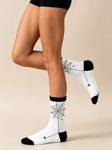 1 Pair Halloween Black & White Spider Web Breathable Mid-Calf Socks For Men Women Couples - Black and White - View 6