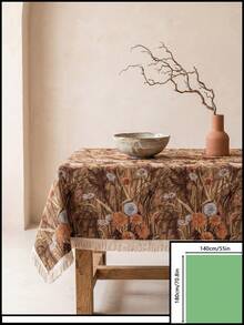 1pc Brown Base Vintage Autumn Floral Plant Print Tablecloth, Retro Natural Style Jacquard Fabric, Rectangular Beige Tassel Edge Detail, Stain-Resistant Desktop Protection Functional Long Tablecloth Suitable For Daily Home And Natural Dining Table Decor Scenes - Brown - View 19
