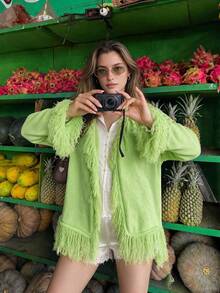 Y2K Textured Top With Lace Patchwork And Fringe Details, Long Sleeve Asymmetrical Hem T-Shirt For Casual Everyday Outfits Fall And Winter - Neon Green - View 3