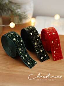 Christmas Velvet Ribbon Roll, Gold Foil Star & Reindeer, Merry Christmas Printed Ribbon, Red Green Black Xmas Gift Wrapping Ribbon For DIY Bow Making, Christmas Tree Decorations, Wreaths, Garlands, Gift Boxes, Holiday Party Decor & DIY Crafts - Multicolor - View 1