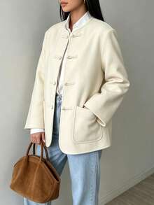 Women's Wool Blend Jacket, New Chinese Style Frog Button Cream White Loose Fit With Pockets, Elegant Elegant, Suitable For Commuting/Holiday/Office - White - View 2