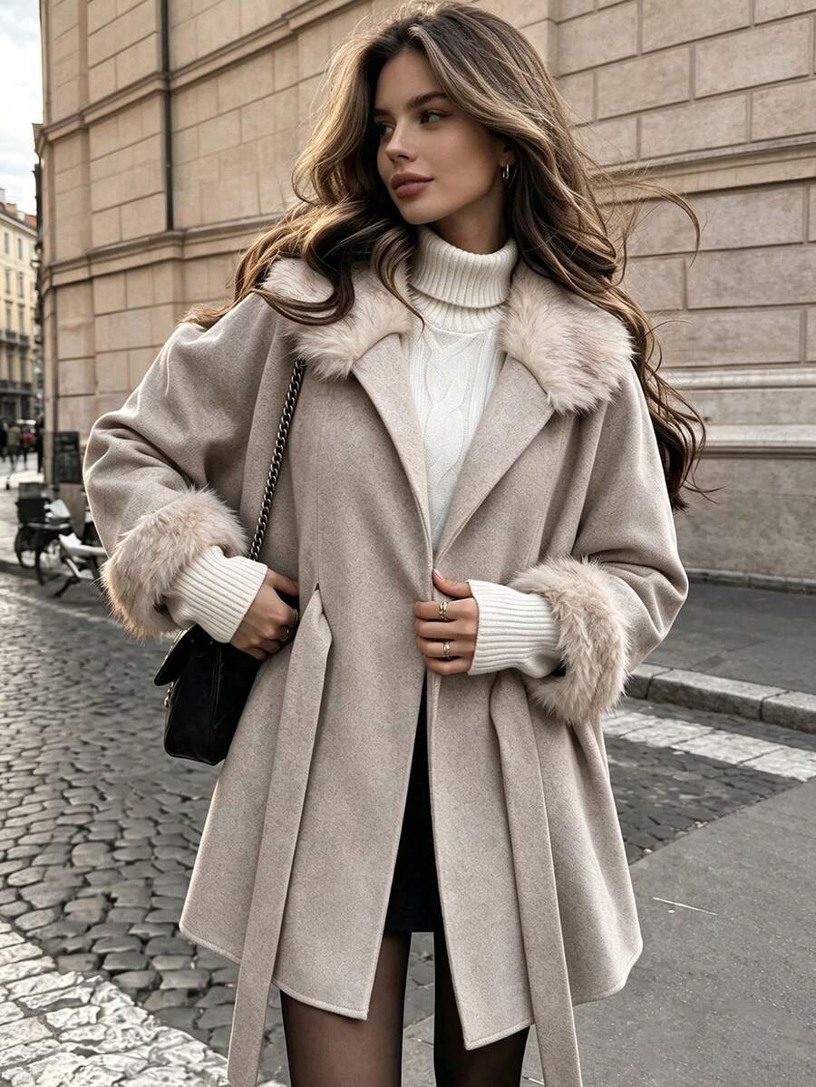 Women's Casual Wool Belted Coat With Faux Fur Collar, Suitable For Date Night, Outings And Home Leisure, Autumn/Winter Fashion